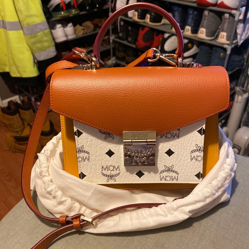 MCM Visetos Small Patricia Satchel Cognac White